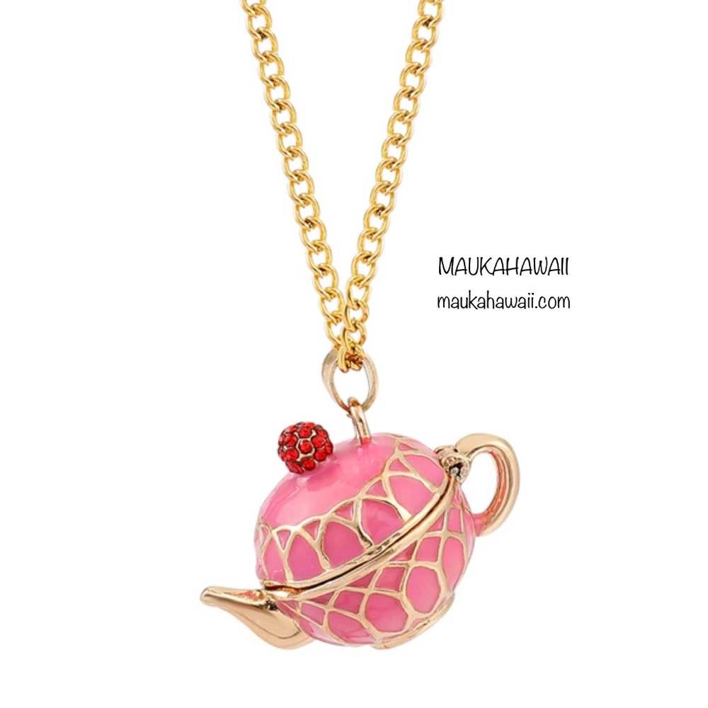 Enamel Pink Teapot Poison Pill Secret Compartment Necklace w 18 in Chain New!